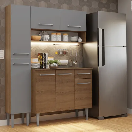 Armário de Cozinha Compacta 137 cm Rustic/Cinza Emilly Madesa 012