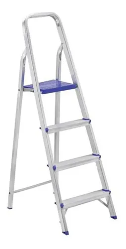 Escada Alumínio Doméstica 4 Degraus Reforçada Real Escadas Cor Prateado/Azul