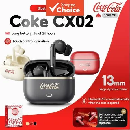  Fones de ouvido Coca-Cola CX02, headset Bluetooth sem fio com microfone, som surround 360°, leve, confortável e