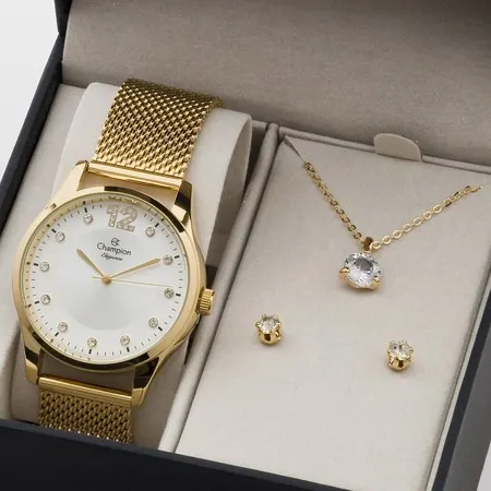 Relógio Champion Feminino Analógico Dourado + Kit de Brincos e Colar Original à Prova d'Água Presente Aniversário Mulher