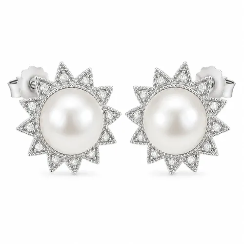 Brinco com Pérola 1,3 cm e 24 Diamantes em Ouro Branco 18K