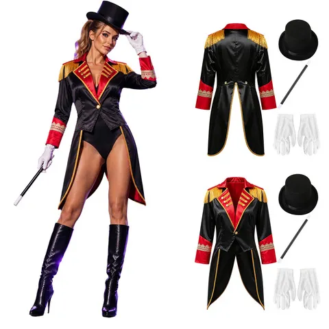 Fato medieval de circo para mulher, com franjas nos ombros, mangas compridas, casaco de veludo com cauda + chapéu, varinha e luvas, fato de mestre de circo.