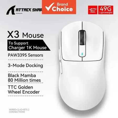 Mouse Gamer sem Fio Attack Shark X3 Sensor PAW3395 26K DPI Tri-Modo Taxa de Polling Botões Programáveis Ultra-Leve
