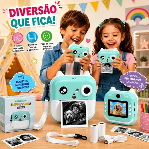 Câmera Digital Infantil TechRyse de Impressão Instantânea com Filmadora e Jogos - Verde-Ciano
