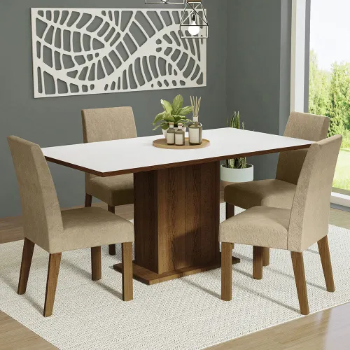 Conjunto Sala de Jantar Mesa Tampo de Madeira 4 Cadeiras Rustic/Branco/Imperial Keila Madesa