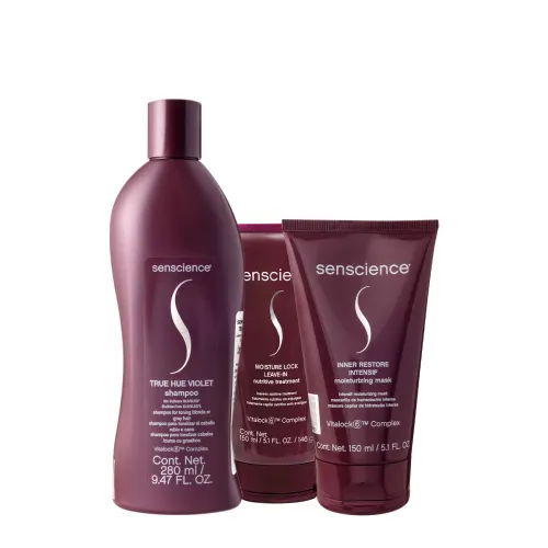 Kit Senscience True Hue Violet Shampoo 280ml Máscara 150ml e Leave-in 150ml