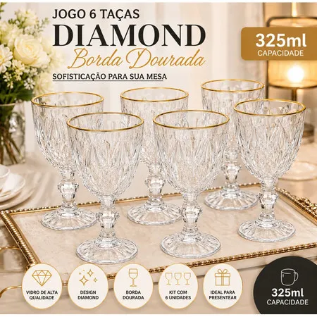 Jogo 6 Taças de Vidro 325ml Suco Vinho Água Diamond Qualidade 100%