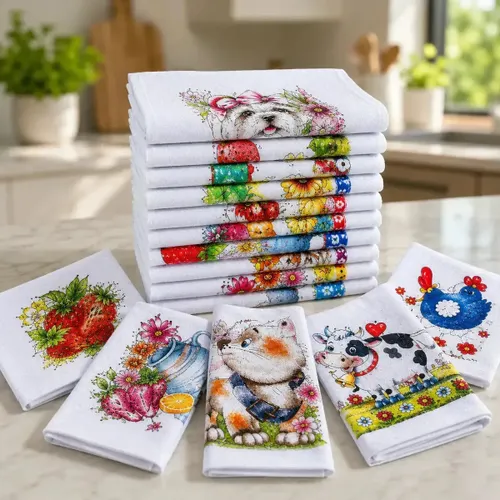 Kit com 10 Panos de Prato de Algodão Estampado Grande para Cozinha e Limpeza
