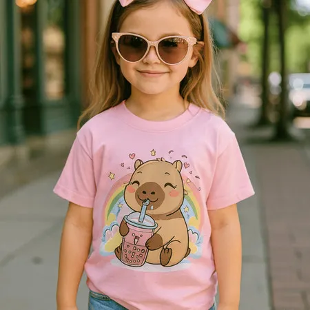 Camiseta Infantil Capivara Arco Íris Camisa 100% Algodão Bubble Tea Blusa Colorida Chá Fofo 2 ao 16