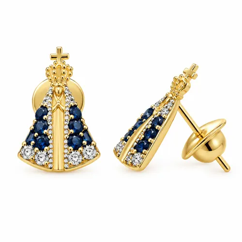 Brinco Nossa Senhora Aparecida em Ouro 18K com Diamantes e Safiras