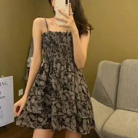 [Venda com desconto por tempo limitado] Vestido estilingue Floral de campânula francesa, novo Design de estilo, saia cur