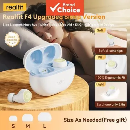  Fones de Ouvido Realfit F4 Bluetooth 6.0 Earbuds Ultra Finos para Quem Dorme de Lado 40dB ANC Ruído Branco 32H de