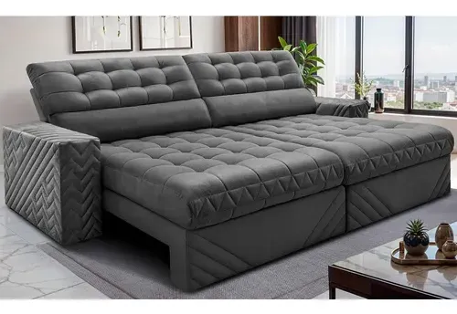Sofá Retrátil 2,30m Molas Ensacadas Max Spring. Cama Inbox Cinza Liso