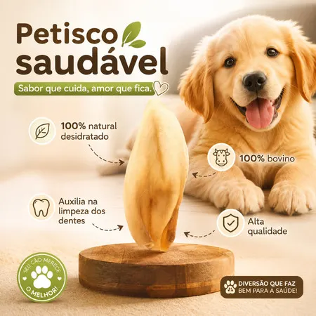 Petisco natural,orelha bovina desidratada para cães de todos os portes e peso.EA para pets