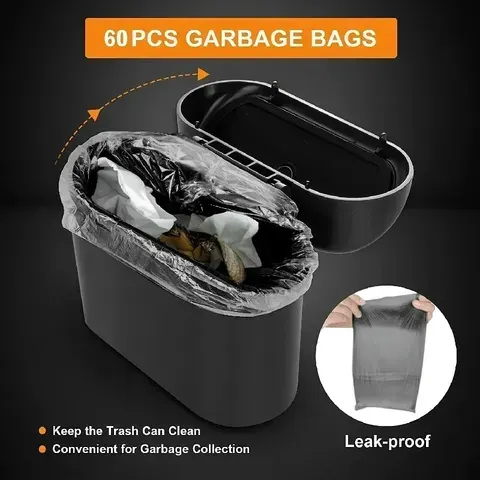 1 pçs à prova de vazamento mini lata de lixo do carro com tampa pequenos acessórios do carro inclui 60 (300) sacos de lixo para o interior do veículo