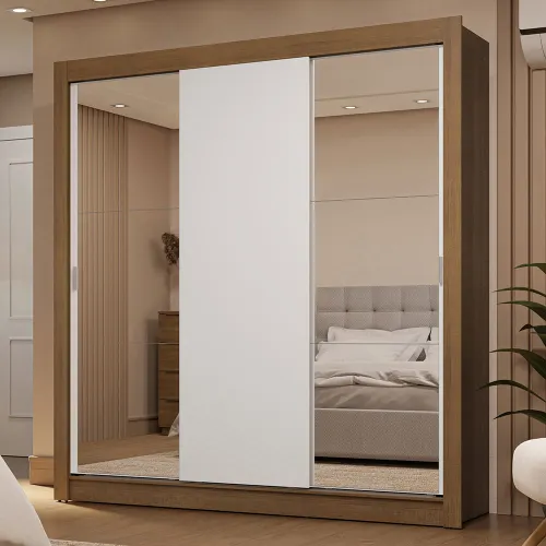Guarda-Roupa Casal 3 Portas de Correr com Espelhos 2 Gavetas Rustic/Branco Sublime Madesa