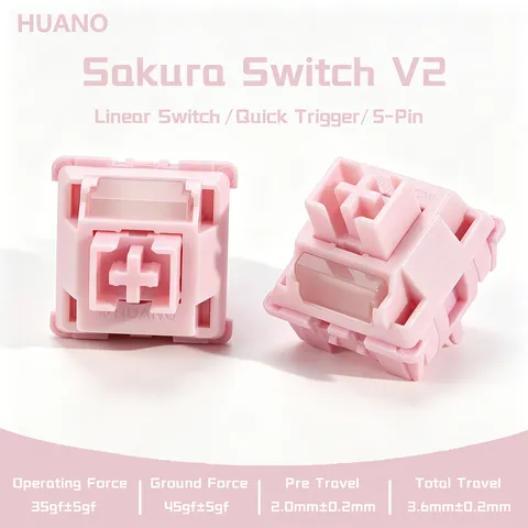 Switches HUANO Sakura V2 V3 Rosa 35gf 42gf 5 Pinos Lineares Cremosos para Teclado Mecânico Gamer DIY 60% POK POM PA66