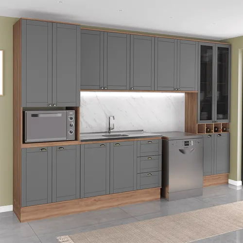 Armário de Cozinha Completa com Balcão Milla Prestige Carraro Nogal com Cinza Titânio