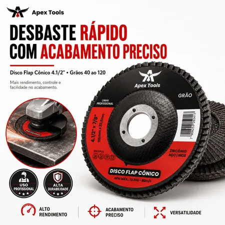 Desbaste Rápido e Acabamento Uniforme Disco Flap 4.1/2 para Madeira e Ferro Grão 40 ao 120