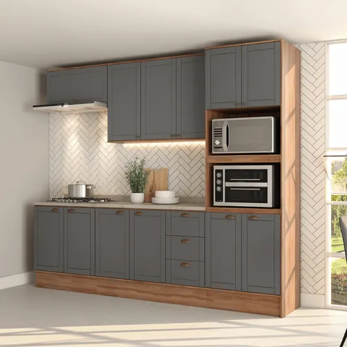 Armário de Cozinha Completa com Balcão Milla Bloom Prime Carraro Nogal com Cinza Titânio