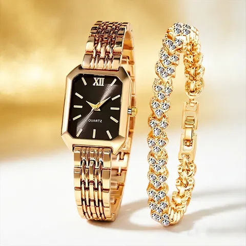 2PCS Relógio de Quartzo Feminino com Mostrador Retangular e Pulseira de Amor