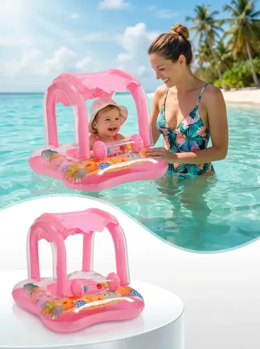 Boia Inflável Bebê Rosa Piscina com Cobertura Inflável Fixa e Chocalho Estímulo Sensorial Assento Anatômico Piscina Segura Lazer Infantil Praia Verão Aquático Louis Riel Acustico