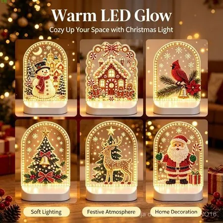 Luminária de Natal com Pintura de Diamantes LED - Kit de Ornamento de Mesa em Acrílico com Boneco de Neve, Árvore e Glob