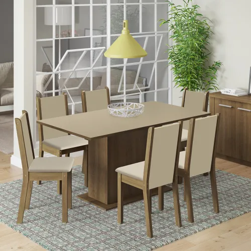 Conjunto Sala de Jantar Madesa Ohana Mesa Tampo de Madeira com 6 Cadeiras Rustic/Crema/Sintético Bege