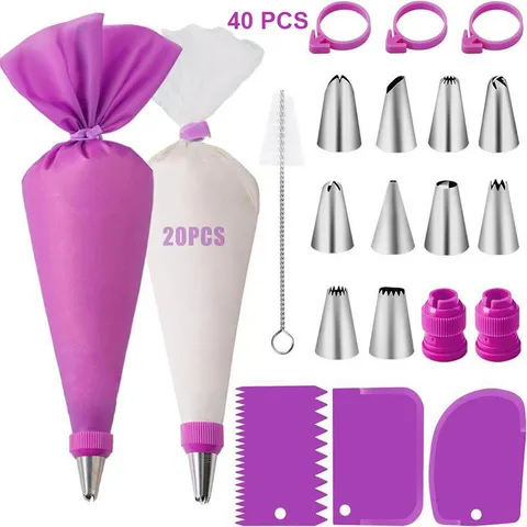 Conjunto de sacos e pontas de tubulação de silicone, kit de decoração diy de bolo com bico de aço inoxidável, ferramenta de cozimento de pastelaria de silicone reutilizável