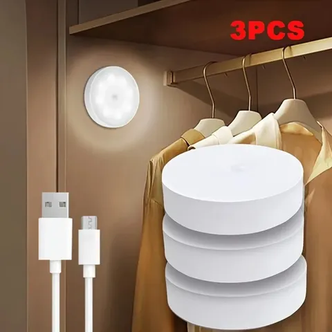 Kit com 3 Luminárias LED Noturnas com Sensor de Movimento, Luz Branca Quente/Fria Opcional, Lâmpada de Indução para Cabeceira, Escadas, Corredor e Armário