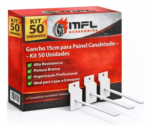 Kit 50 Ganchos para Painel Canaletado Cor Branco 15cm Marca MFL