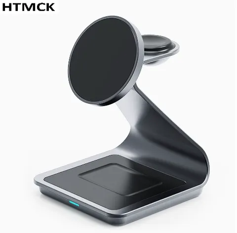 Estação de carregamento sem fios magnética 3 em 1, suporte de carregamento rápido para vários dispositivos, ideal para smartphones, relógios e auriculares TWS.