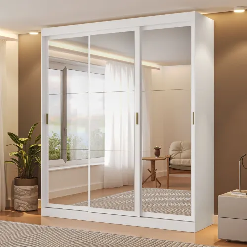 Guarda Roupa Casal 3 Portas 4 Gavetas Espelho Branco 1144 Carraro