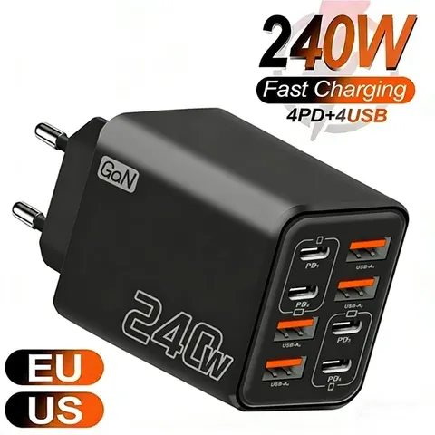 Carregador USB C GaN de 240W 8 em 1 com carregamento rápido para iPhone, Samsung, Xiaomi, Tipo C, adaptador de energia com plugue EU/US para tomada de parede.
