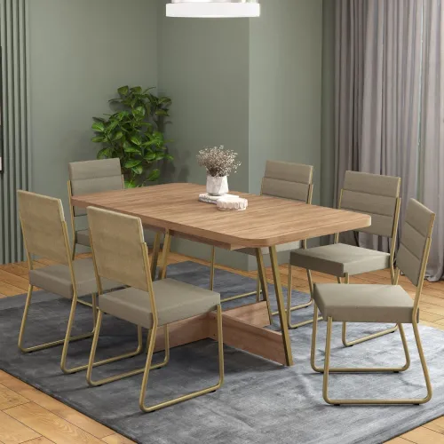 Conjunto Sala de Jantar 6 Cadeiras Charlotte Carraro Carvalho Dourado