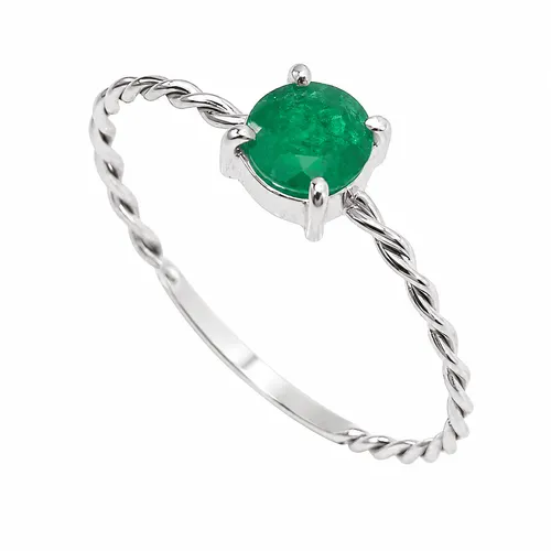 Anel Aro Torcido Esmeralda Redonda em Ouro Branco 18K
