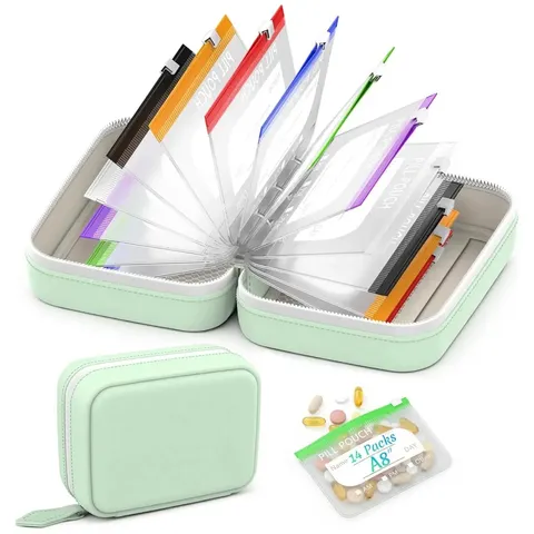 Conjunto Organizador de Comprimidos à Prova d'Água A8, Organizador Grande para Uso Diário (Duas Vezes por Dia) por Sete Dias, Armazenamento de Comprimidos com 14 Bolsas Codificadas por Cores