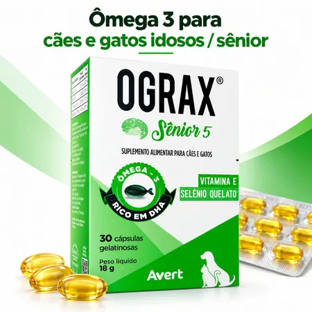 Ograx Sênior 5 Avert Ômega 3 DHA Vitamina E Selênio para Cães e Gatos Idosos 30 Cápsulas 18g