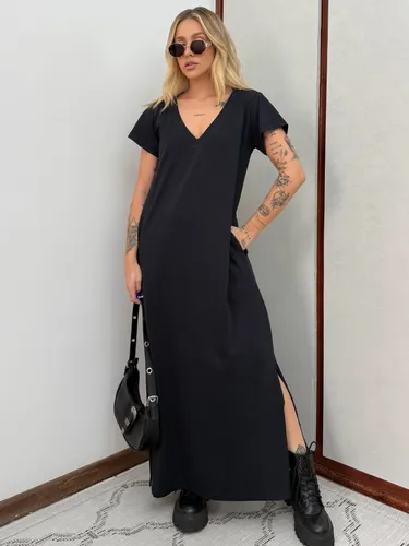 Vestido Longo de Algodão com Bolso Decote V Preto