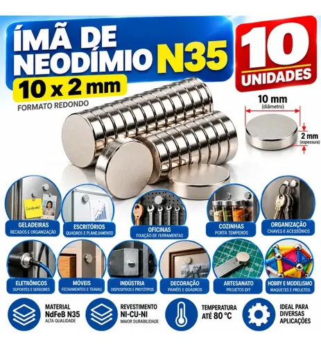 Ima de Neodímio 10x2 Redondo Pequeno 10mm X 2mm N35 - 10pcs