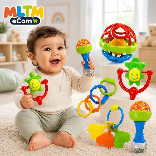 Kit 8 Pcs Chocalho de Bebe Recém Nascido Mordedores Macio Estímulo Sensorial Brinquedo Educativo Montessori MLTM ECOM