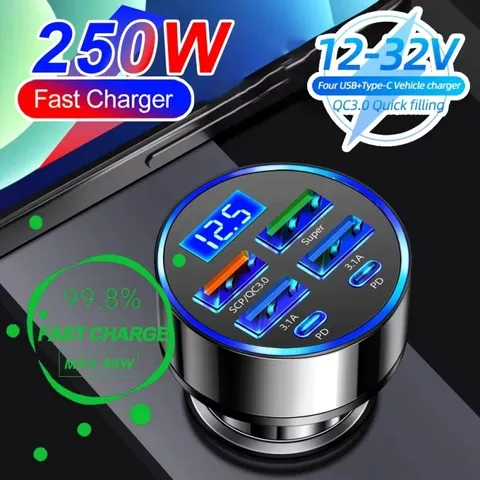 Carregador Veicular PD 250W QC3.0 com Carregamento Rápido, Plugue de Acendedor de Cigarros para Carro com 5 Portas e Display Digital