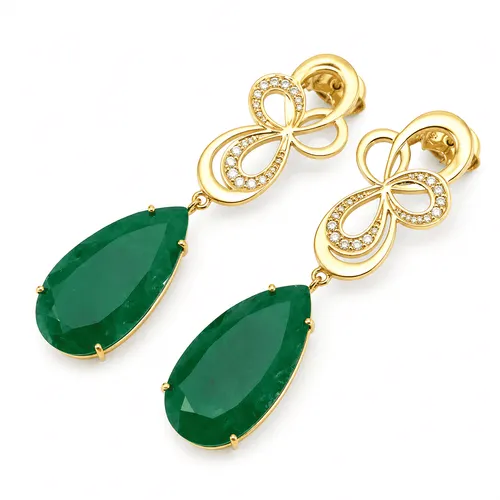 Brinco Flor com Diamantes e Gota de Esmeralda em Ouro 18K