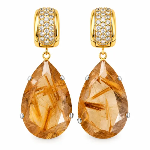 Brinco Argola com Diamantes e Quartzo Rutilado 3,68 cm em Ouro 18K