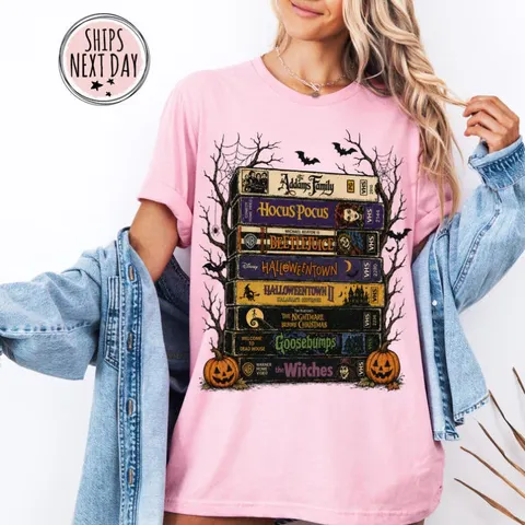 Camiseta Vintage Halloween VHS Stack – Camiseta retrô para a temporada assustadora, presente para amantes de filmes de terror, camiseta com nostalgia dos anos 90