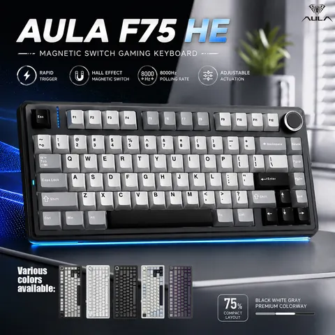 Teclado Mecânico AULA F75 HE 75% com Efeito Hall, Tri-modo (2.4G, Bluetooth 5.3, Com Fio), Hot Swap, RGB, Bateria de 4000mAh, para Jogos, Taxa de Polling de 8K