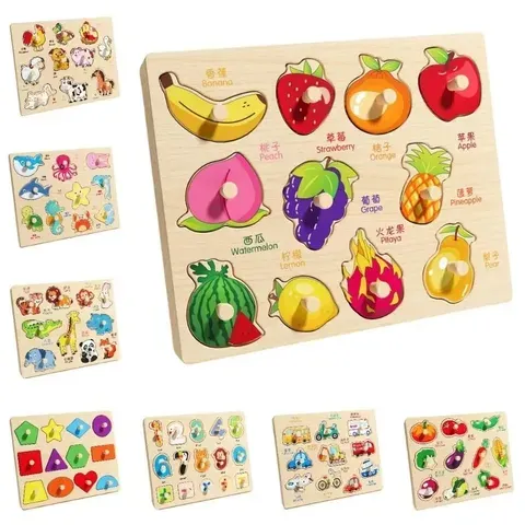 Brinquedos Cognitivos de Madeira para Bebês, Letras do Alfabeto, Animais, Brinquedo Montessori, Auxiliares de Ensino para Educação Infantil, Veículos, Placas de Pegar com as Mãos, Brinquedos