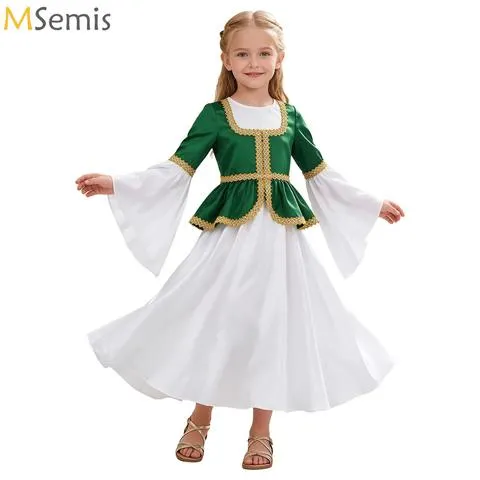 Vestido de festa medieval com mangas longas e saia evasê, estilo princesa, para carnaval, fantasia retrô renascentista com peplum, fantasia de cosplay de rainha para meninas.