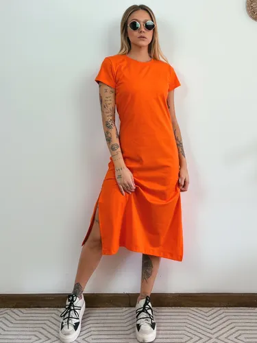 Vestido Mid Camiseta com Fenda Aveloz Laranja