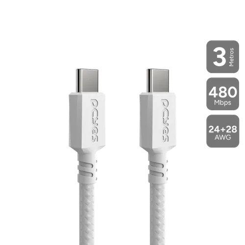 Cabo PCYES USB-C 2.0 15W 480Mbps Nylon Branco 3 Metros PUCC2-3B